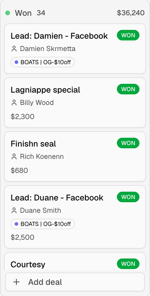 Lagniappe CRM showing $36,240 across 34 won deals