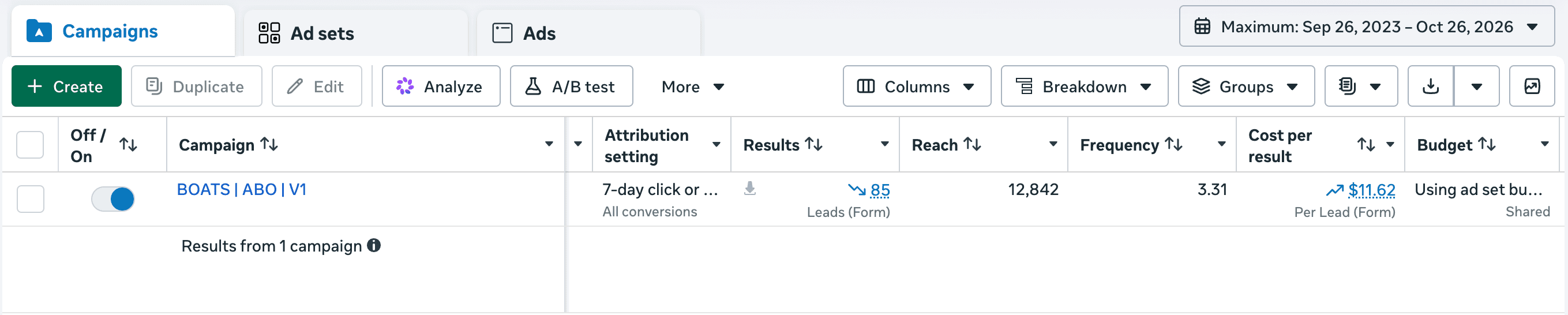 Meta Ads Manager: Lagniappe BOATS campaign — 85 leads at $11.62